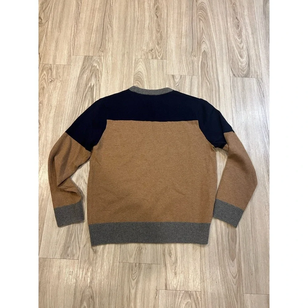 J Crew Sweater Mens 100% Wool Crewneck Tan/Blue/Silver Color-block EUC Large